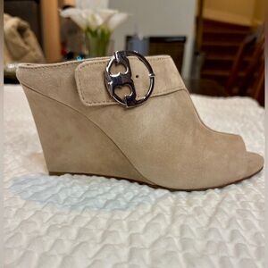 Tory Burch Grant Suede Open Toe Wedge Mules GUC Sz 6.5 Silver Buckle Authentic